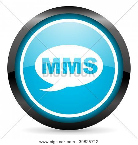mms ไอคอนวงกลมผิวมันสีน้ำเงินบนพื้นหลังสีขาว