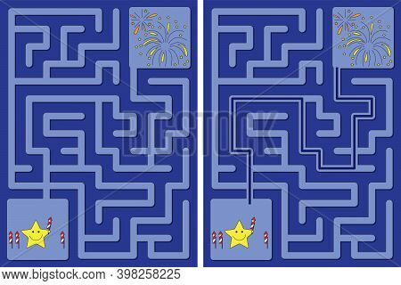 Easy Little Star And Fireworks Maze For Younger Kids With A Solution