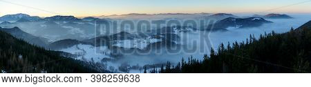 Beautiful Mountain Sunset Panorama: Idyllic Scnery / Foggy Valley / Austrian Alps