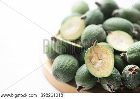Feijoa Green On A Light Background. Feijoa Selloana Is A Fruit Crop From Tropical Regions. Organic H