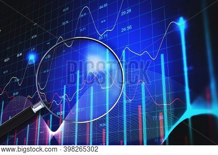 Magnifying Glass With Stock Chart On Cirtual Screen. Forecast And Trade Concept. 3d Rendering