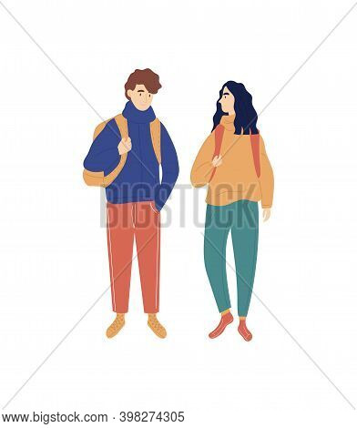 Young Caucasian Man And Woman With Backpacks Are Travelling Together. Concept Of Happy Couple Travel