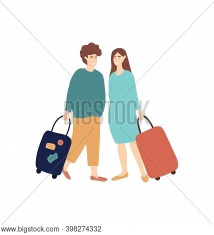 Young Caucasian Man And Woman With Luggage Are Travelling Together. Concept Of Happy Couple Travelli