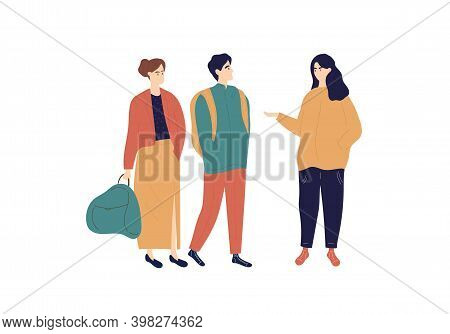 Young Tourist Friends With Backpack And Handbag On A Walk. Concept Of Happy Male And Female Friends 