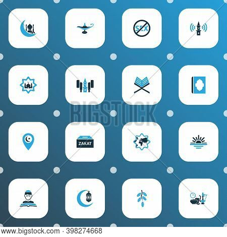 Religion Icons Colored Set With Holy Book, Islamic, Iftar And Other Azan Elements. Isolated Illustra