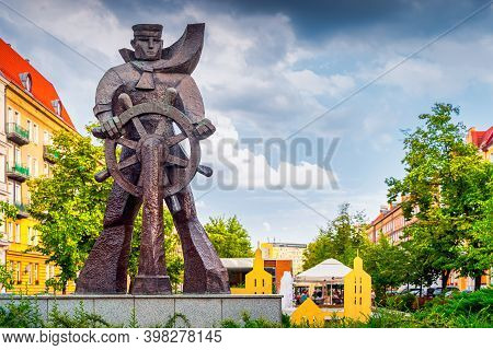 Szczecin, Poland, June 2019 5m Tall Monument Of The Sailor Holding Ship Wheel On Grunwaldzki Square,