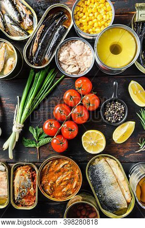 Canned Preserves Food In Cans With Fresh Organic Bio Ingredients Tomatoe Herbs Lemon Prepared Vegeta