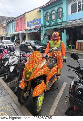 Phuket Thailand 30 May 2018 : Colorful Robot Security In Phuket Walking Sreet At Daylight In Phuket 