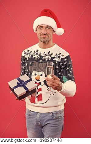 Male Santa Hat Drink Champagne. Santa Man Ready For Holiday Celebration. Xmas Party Is On. Merry Chr