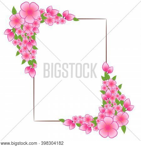 Card Template With Border Of Pink Flowers, Leaves. Wedding Invitation, Save The Date, Thank You, Rsv