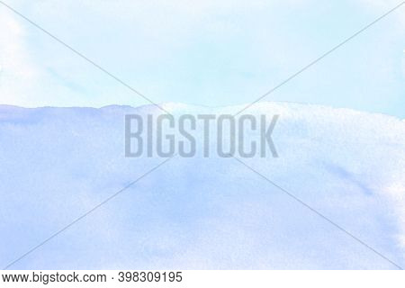 Watercolor Blue Backdrop For Winter Snow-covered Landscape. The Sky And The Snow, Field. Paint Stain