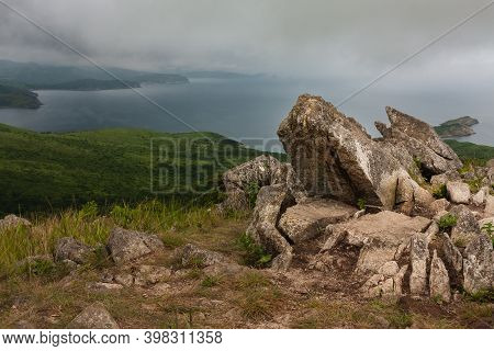 Bay Of The Sea And Large Rocks From The Hilltop Of The Mountainous Coast, Summer Landscape And Seasc