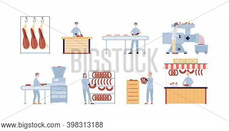 Stages Processing Of Raw Meat To Ready Made Food A Vector Flat Illustration
