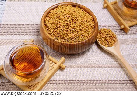 Fenugreek Seeds In Wooden Bowl, Culinary Ingredient, Shamballa Closeup