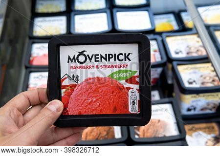 Tyumen, Russia-november 07, 2020: Movenpick Cream Cup In A Hypermarket. Produced Mainly In Switzerla