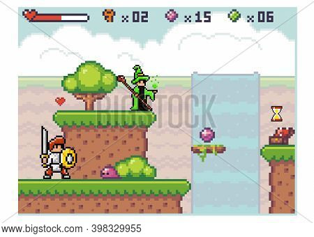 Knight In Armor With A Sword Goes To Slime. Pixel Computer Game Interface. Wizard In Mantle Waiting 