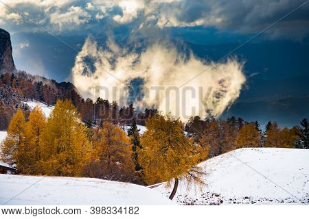 Snowy early winter landscape in Alpe di Siusi. Dolomites Italy - winter holidays destination