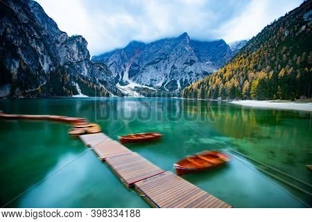 Amazing view of Lago di Braies, one of the most beautiful lake in South Tirol, Dolomites mountains, Italy. Popular tourist attraction.