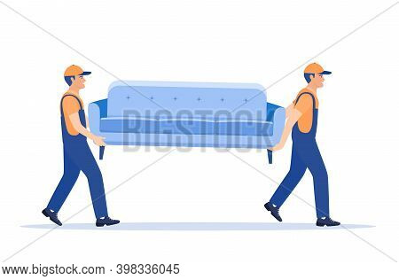 Delivery Character Man Movers Carry Sofa. Two Porters Carry Couch Isolated. Moving Company With Load