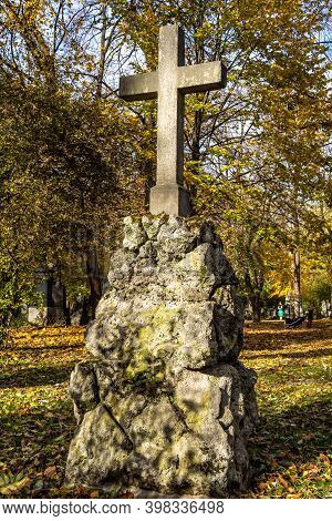 View Of Famous Old North Cemetery Of Munich, Germany With Historic Gravestones. Funerals Have Not Be