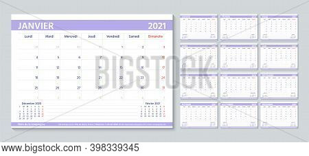 Planner 2021 Year In French. Calendar Template. Week Starts Monday. Desk Diary Grid. Yearly Statione