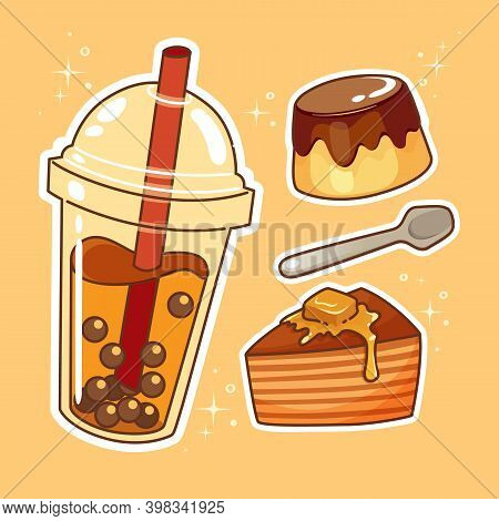 Beverages With Sweetmeats. Hand Drawn Set Collection. Vector Illustration.