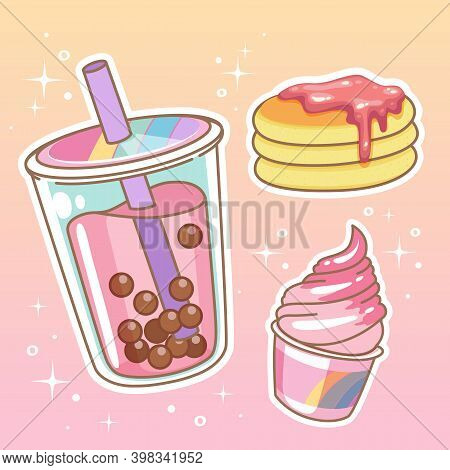 Beverages With Sweetmeats. Hand Drawn Set Collection. Vector Illustration.