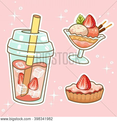 Beverages With Sweetmeats. Hand Drawn Set Collection. Vector Illustration.