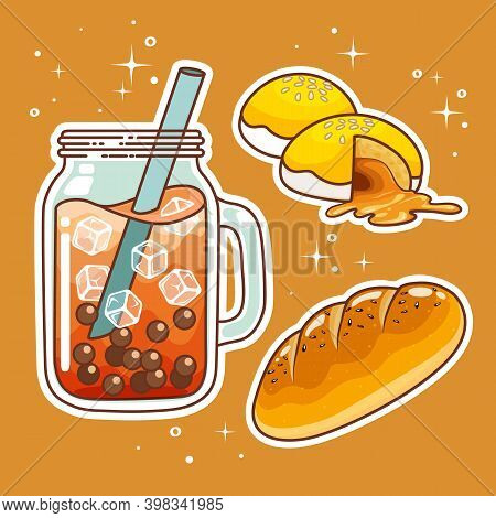 Beverages With Sweetmeats. Hand Drawn Set Collection. Vector Illustration.