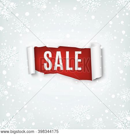 Sale. Torn Papper Banner On Winter Background With Snow And Snowflakes.