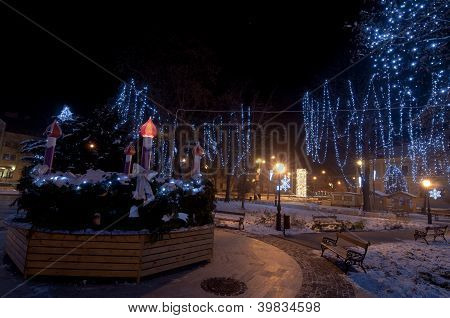 outdoor christmas lights in a little town