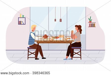 People On A Date Flat Vector Illustration. Dining Table With Borsch, Pancakes And Buns. Arrangement 