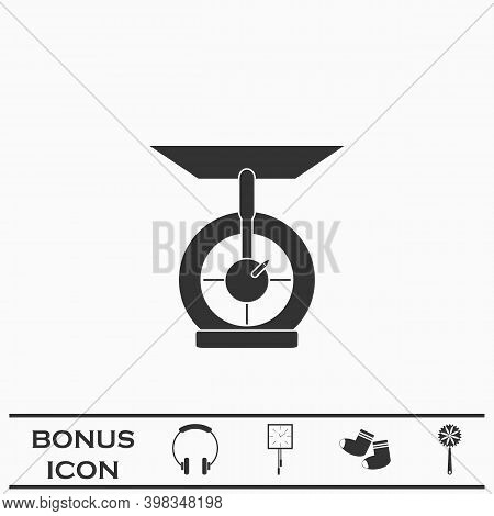 Kitchen Scales Icon Flat. Black Pictogram On White Background. Vector Illustration Symbol And Bonus 