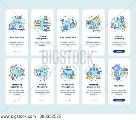 Virtual Assistant Work Onboarding Mobile App Page Screen With Concepts Set. Freelance Job Walkthroug