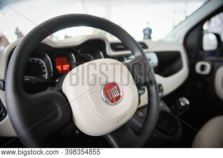 Bucharest, Romania - June 20, 2012: Details From Inside A Fiat Car With The Steering Wheel And The F
