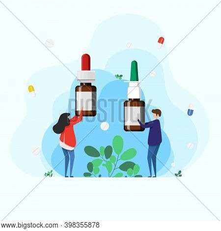 Man And Woman Holding Nasal Drops And Spray To Ease Breathing During Allergy And Illness. Concept Ot