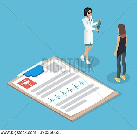 Female Doctor Consultation Vector Illustration With Patient Medical Record. Medical Consultation Bet