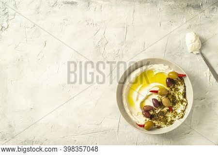 Popular Middle Eastern Appetizer Labneh Or Labaneh, Soft White Goat Milk Cheese With Olive Oil, Hyss