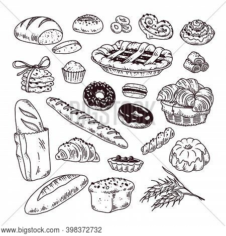 Collection Of Hand Drawn Baked Goods Outline Bread, Cookies, Donuts, Cupcakes, Buns Objects Isolated
