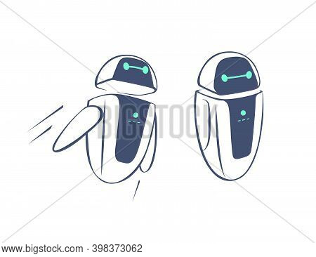 Chat Bot Character Flying And Stand Still. Virtual Support And Communication Concept. Vector Flat Il