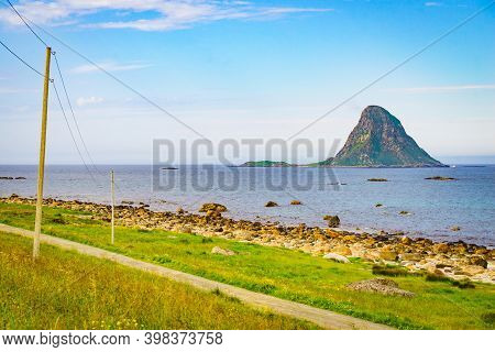 Seascape, Sea Coast With Sandy Beach And Island Bleiksoya In The Distance, Resort Bleik Andoya Norwa
