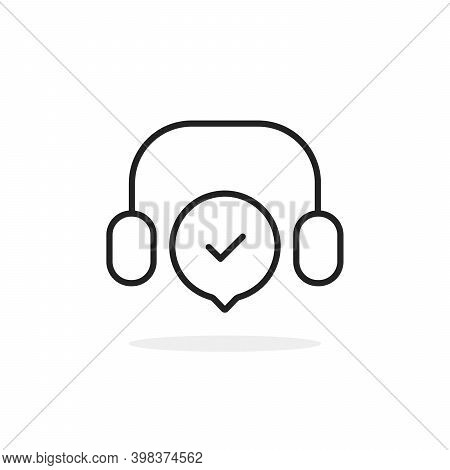 Black Thin Line Headset Like Callcenter. Concept Of Telesales Pictogram Or 24 7 Dispatcher. Flat Str