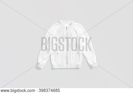 Blank White Bomber Jacket Mockup Lying, Gray Background, 3d Rendering. Empty Military Jerkin Or Wind