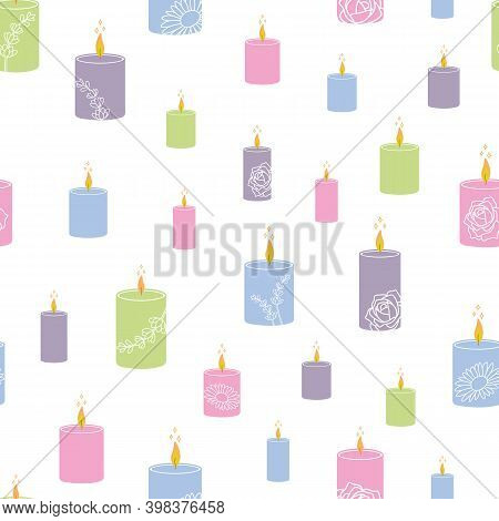 Seamless Vector Pattern With Colorful Aroma Candles With The Fragrances Of Rose, Chamomile And Laven