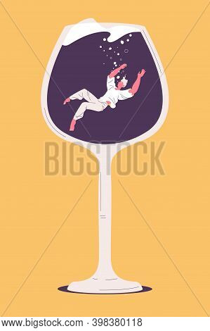 Man Sinks In A Wine Glass. Alcoholic And Heavy Drinking Concept Illustration Isolated On Yellow Back
