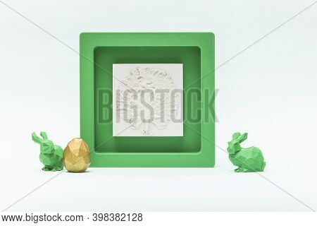 Trendy Easter Low Poly Decor - Botanical Bas-relief Cabbage Leaf, Golden Egg And Green Bunnies Of Ge