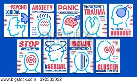 Headache Disease Creative Promo Posters Set Vector. Migraine Headache And Anxiety Disorder, Psycholo