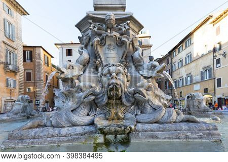 Rome, Italy - October 8, 2020: Fountain Of The Pantheon On Piazza Della Rotonda In Front Of Temple P