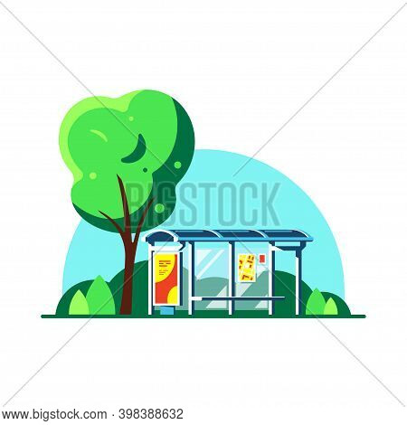 Summer Landscape With Bus Stop, Flas Style Vector