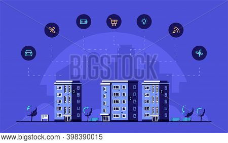 Smart City Concept Banner, Flar Style Vector